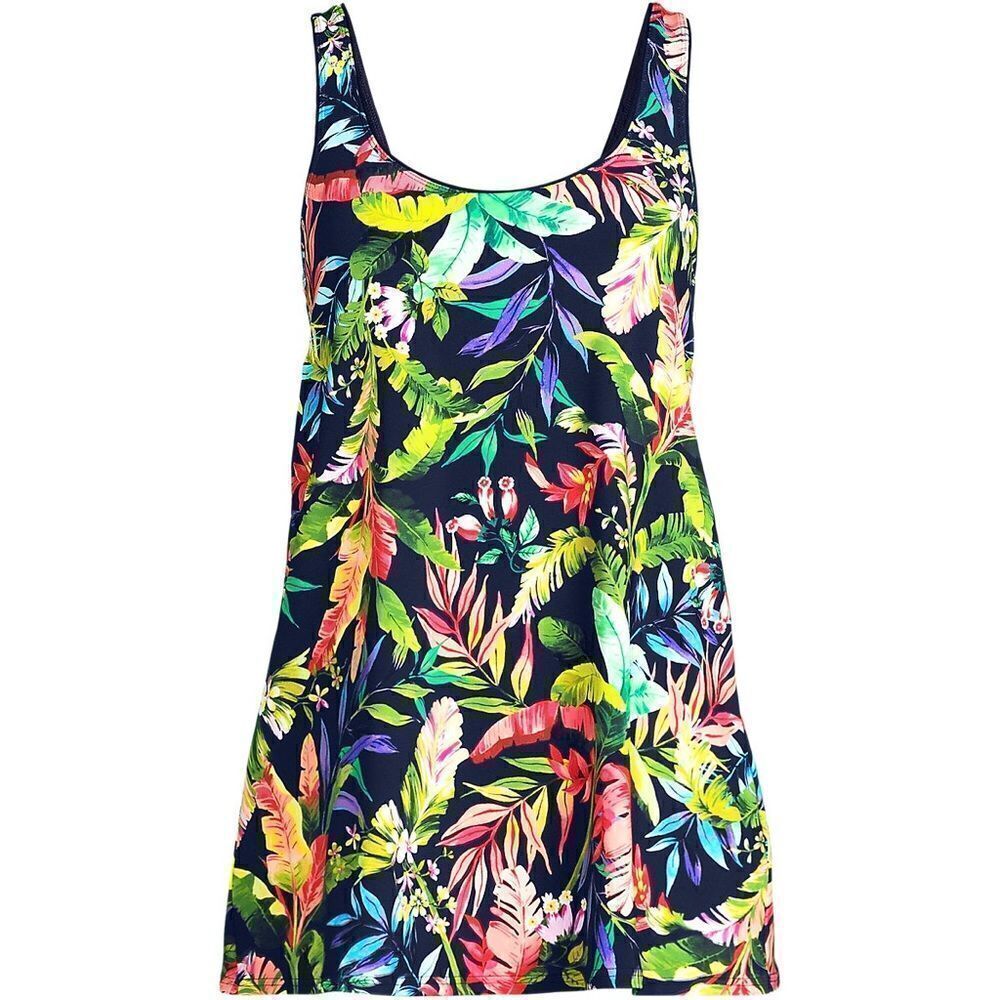 Land's End Plus Standard Size Scoop neck 1 piece navy prism multi palm soft Var